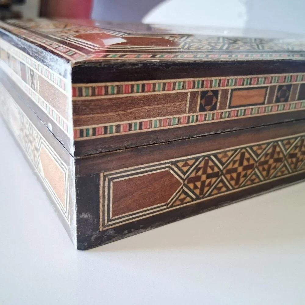 Vintage Handcrafted Wooden Inlaid Jewelry Box Mosaic Design Red Velvet Interior